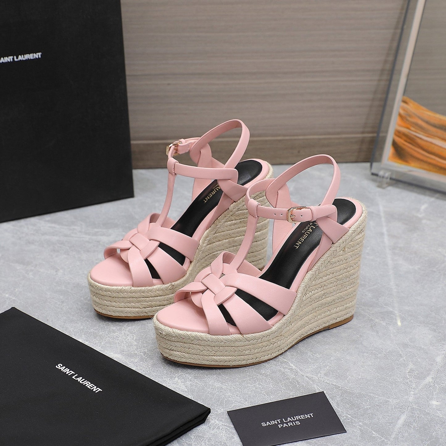 SL TRIBUTE WEDGE SANDALS PALE PINK CALFSKIN