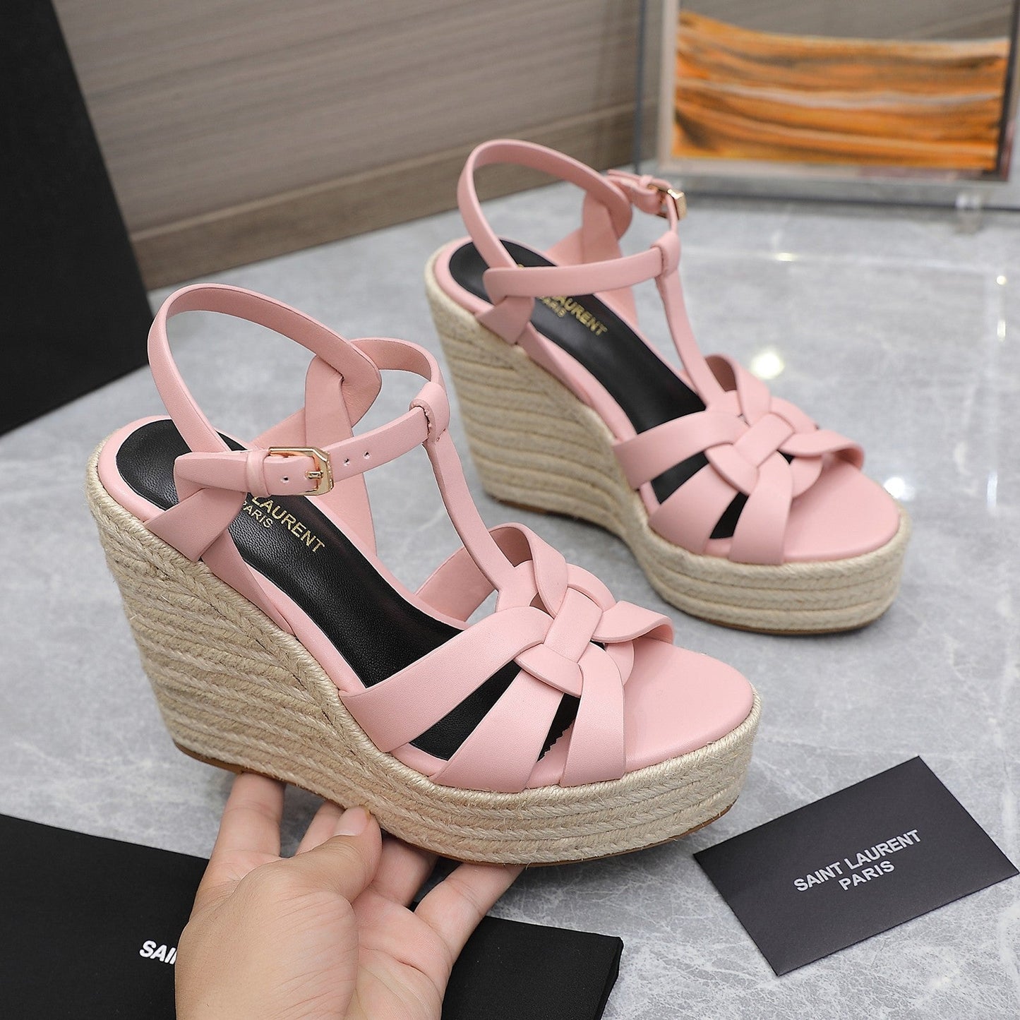 SL TRIBUTE WEDGE SANDALS PALE PINK CALFSKIN