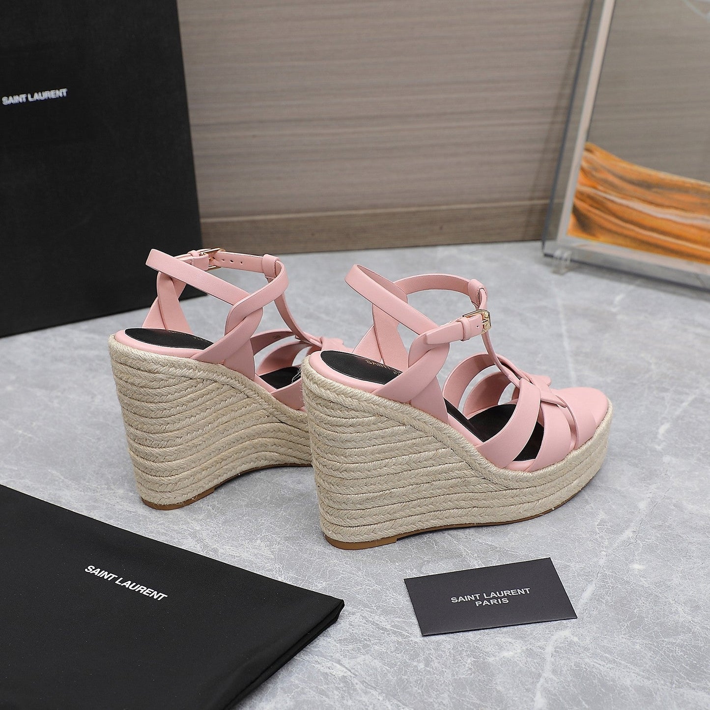 SL TRIBUTE WEDGE SANDALS PALE PINK CALFSKIN