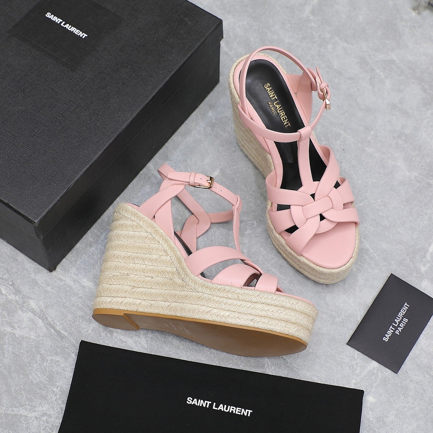 SL TRIBUTE WEDGE SANDALS PALE PINK CALFSKIN