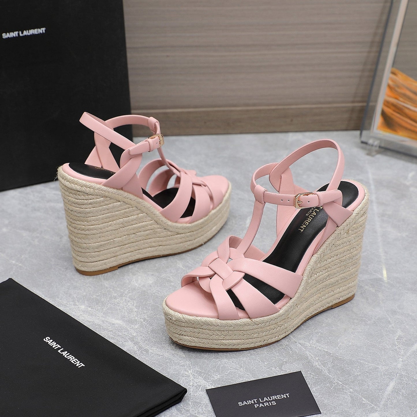 SL TRIBUTE WEDGE SANDALS PALE PINK CALFSKIN