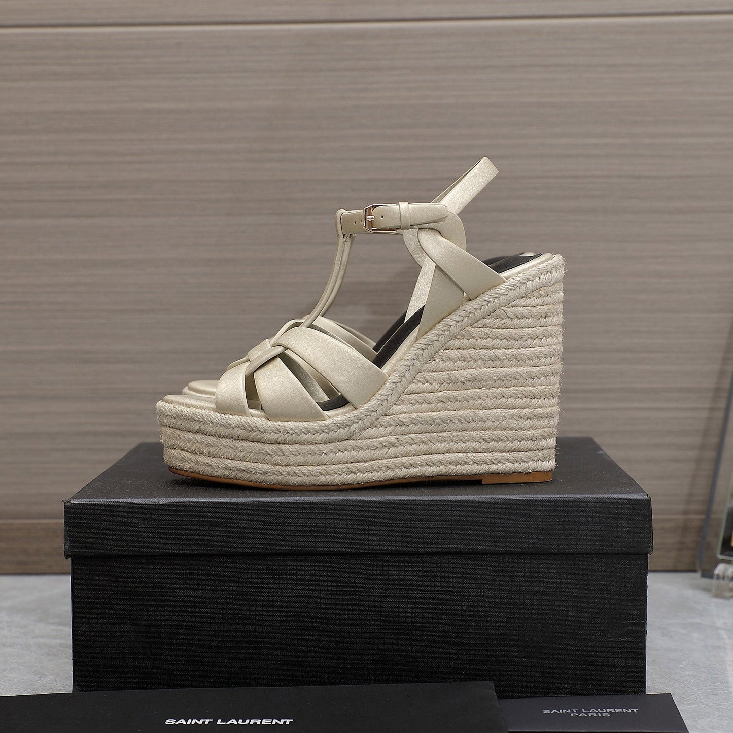 SL TRIBUTE WEDGE SANDALS METALLIC BEIGE CALFSKIN