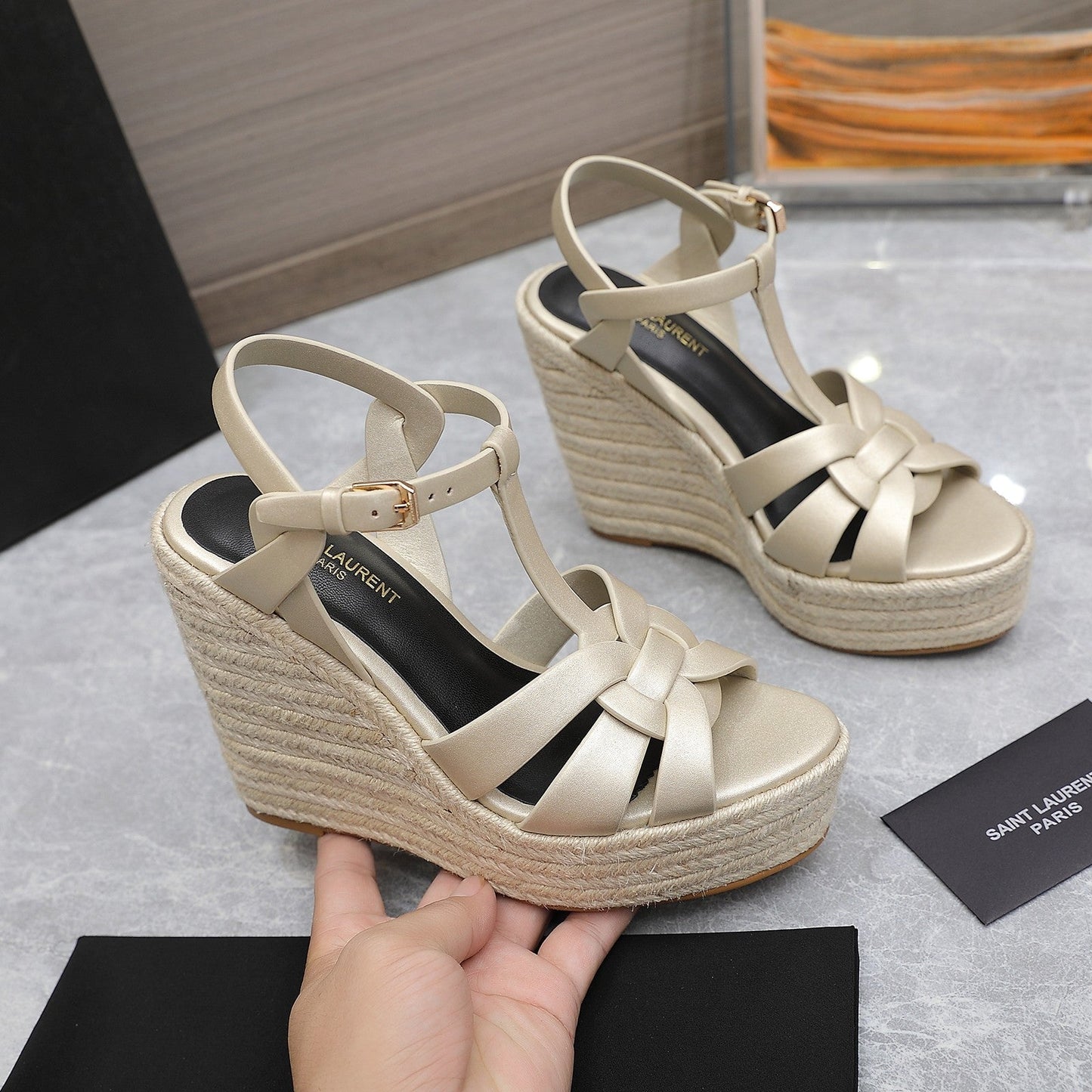 SL TRIBUTE WEDGE SANDALS METALLIC BEIGE CALFSKIN