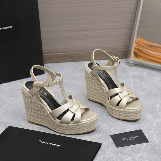 SL TRIBUTE WEDGE SANDALS METALLIC BEIGE CALFSKIN