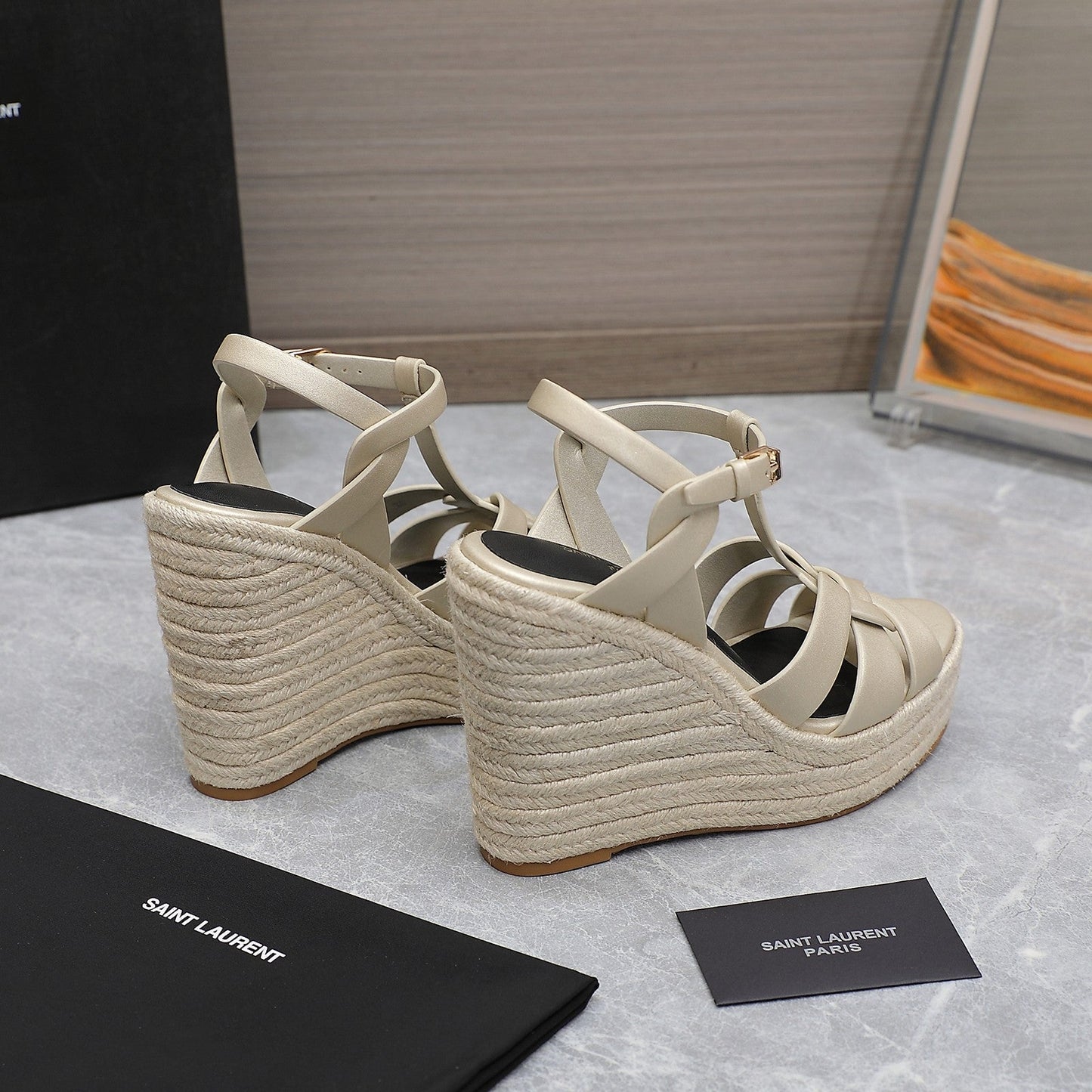 SL TRIBUTE WEDGE SANDALS METALLIC BEIGE CALFSKIN