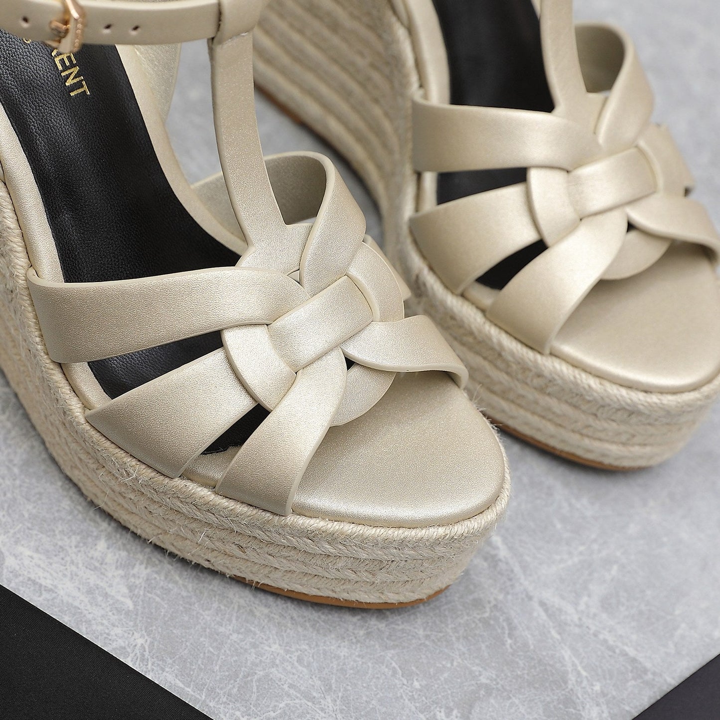 SL TRIBUTE WEDGE SANDALS METALLIC BEIGE CALFSKIN