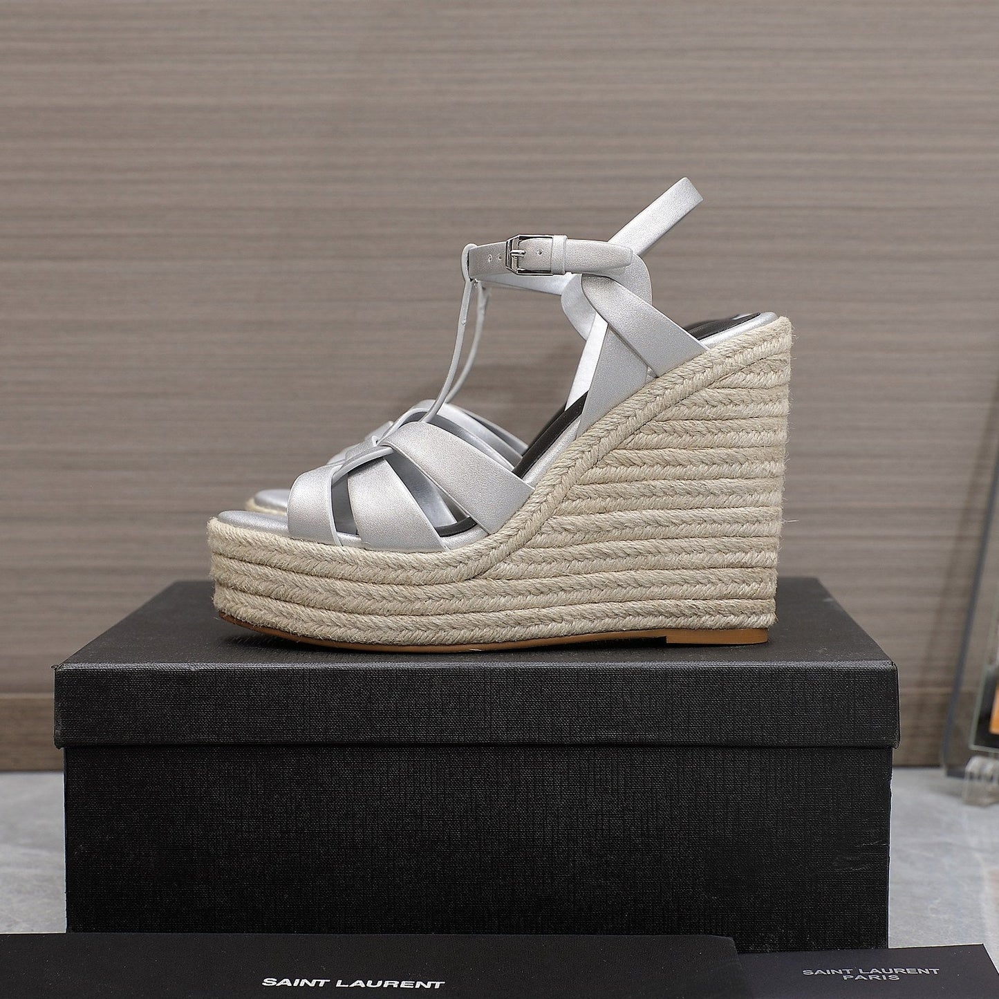 SL TRIBUTE WEDGE SANDALS SILVER CALFSKIN