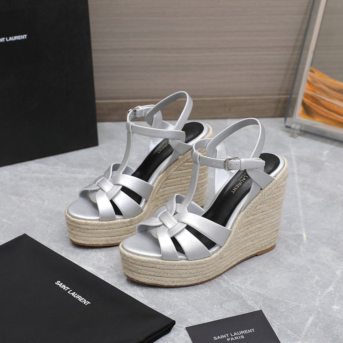 SL TRIBUTE WEDGE SANDALS SILVER CALFSKIN