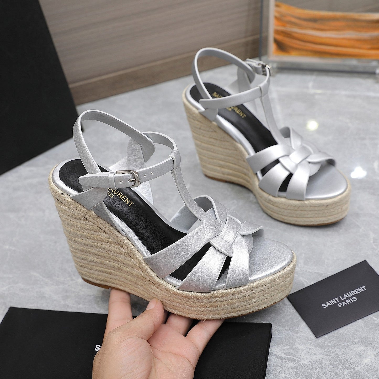 SL TRIBUTE WEDGE SANDALS SILVER CALFSKIN