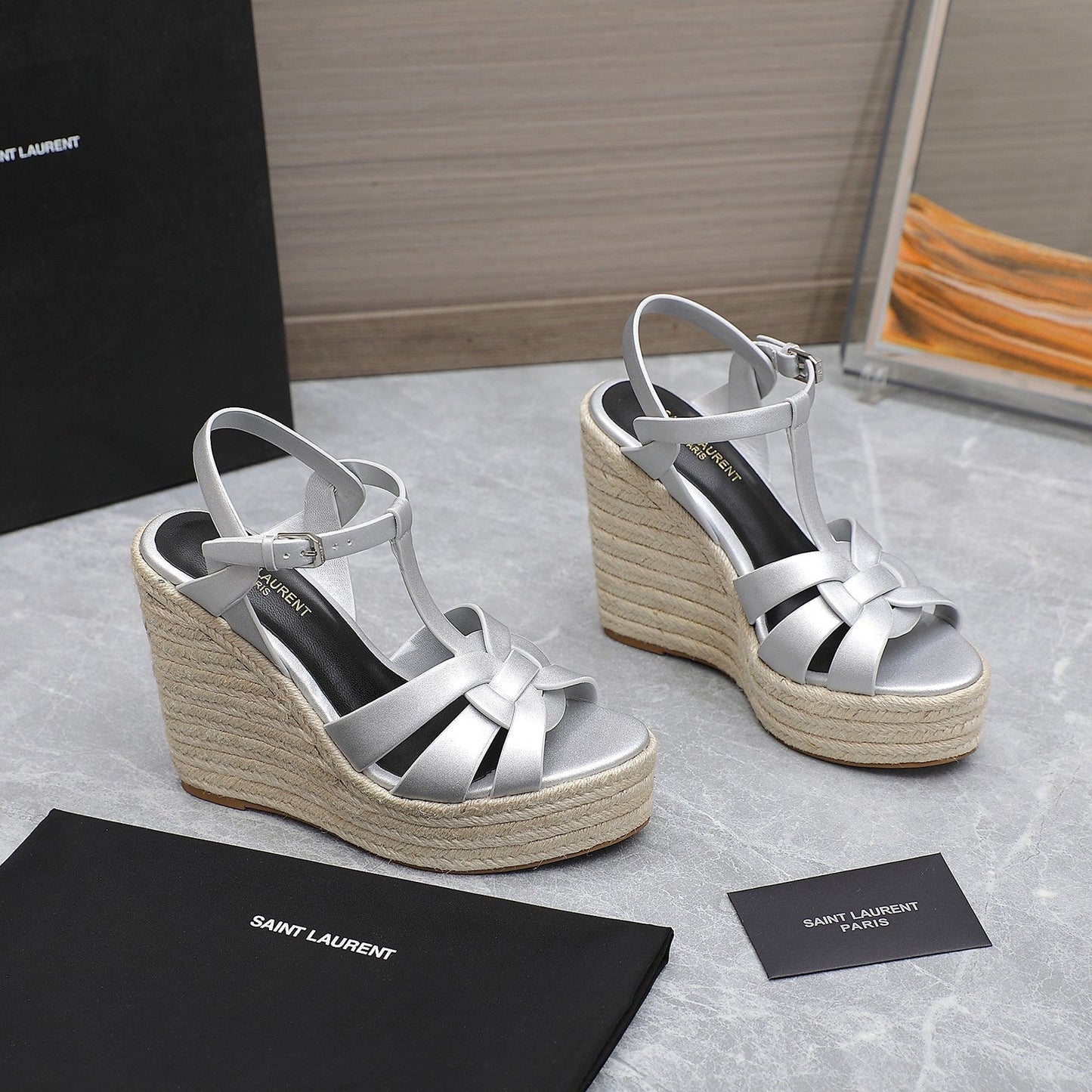 SL TRIBUTE WEDGE SANDALS SILVER CALFSKIN