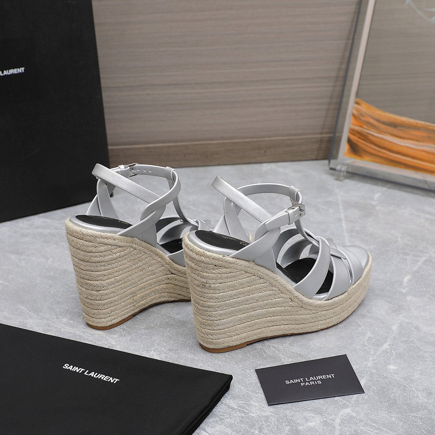 SL TRIBUTE WEDGE SANDALS SILVER CALFSKIN