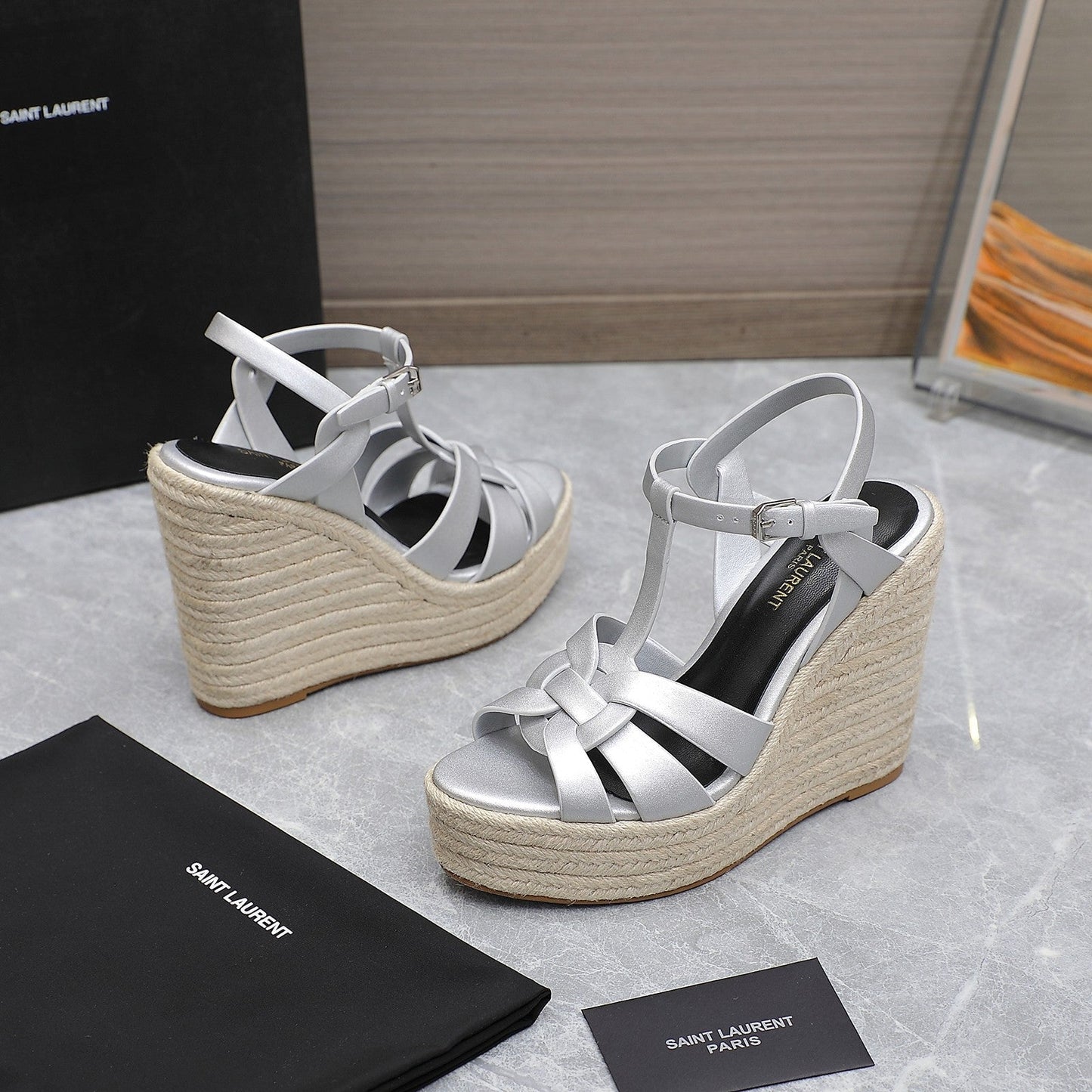 SL TRIBUTE WEDGE SANDALS SILVER CALFSKIN