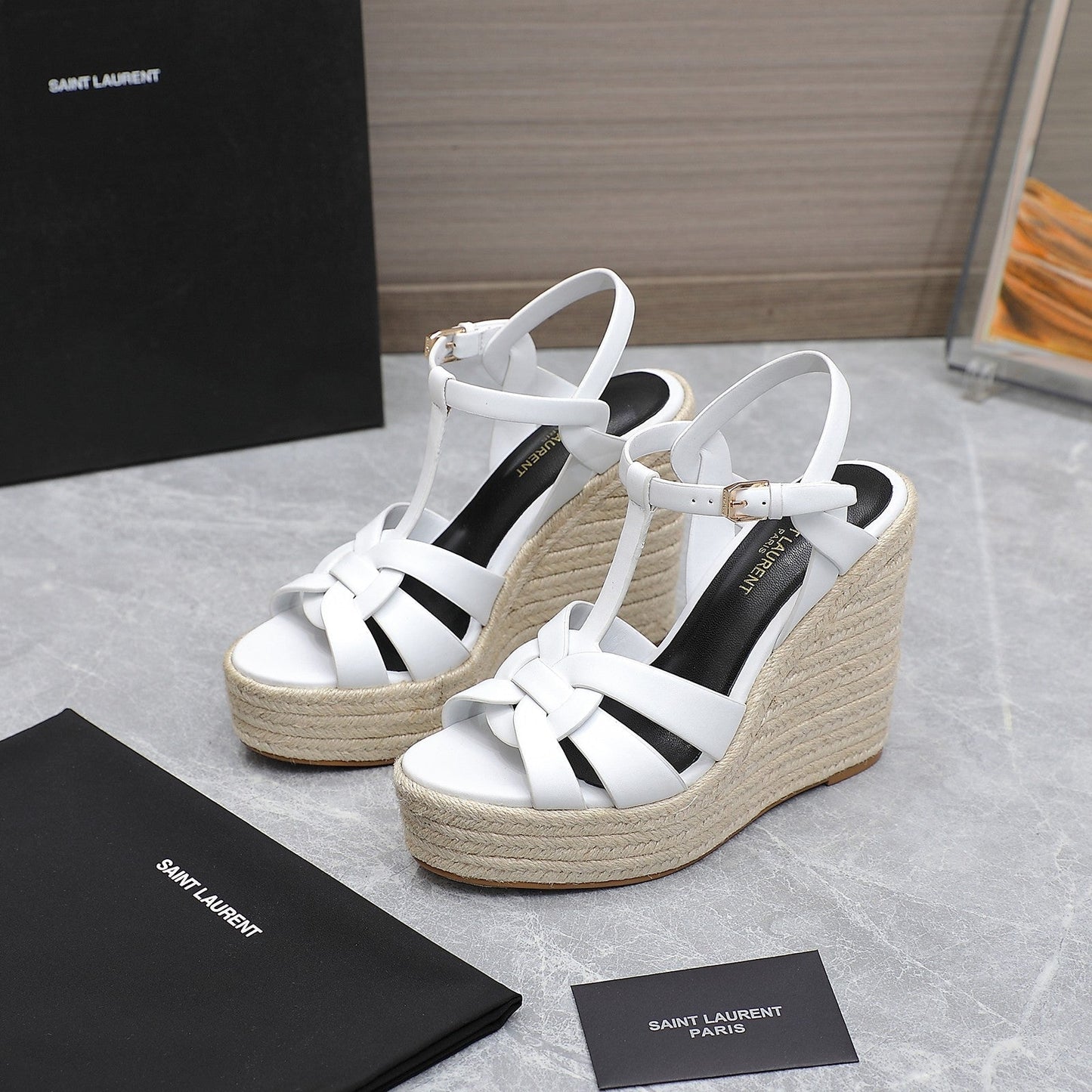 SL TRIBUTE WEDGE SANDALS WHITE CALFSKIN