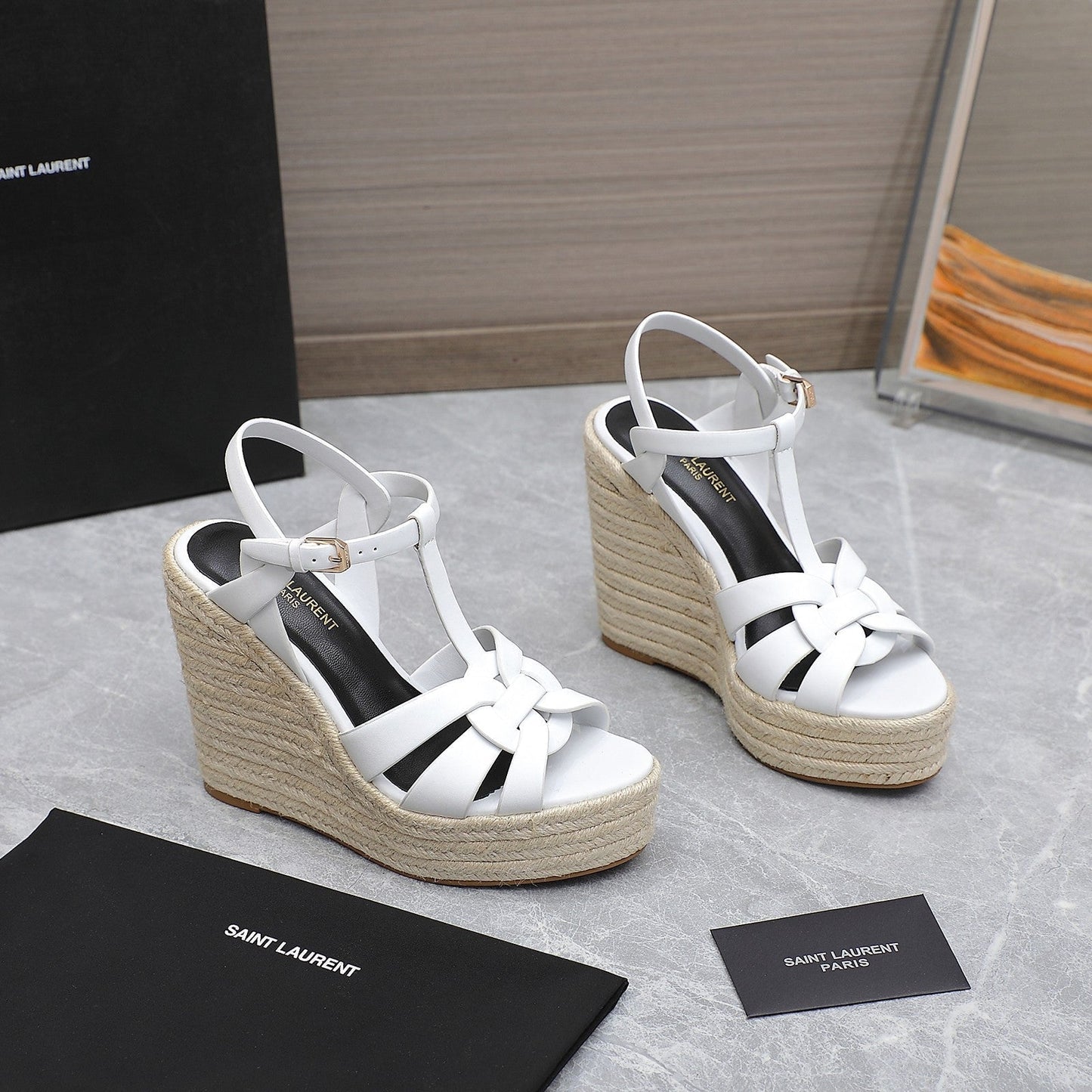 SL TRIBUTE WEDGE SANDALS WHITE CALFSKIN