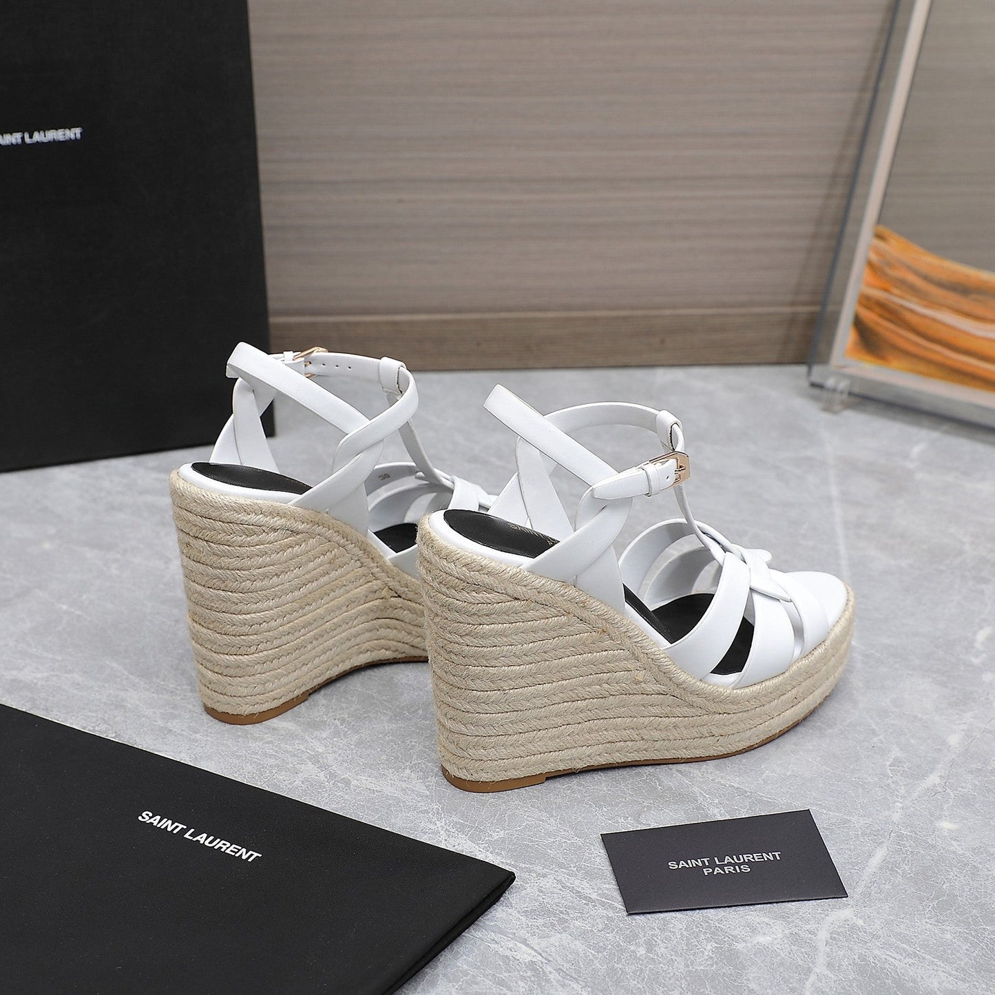 SL TRIBUTE WEDGE SANDALS WHITE CALFSKIN