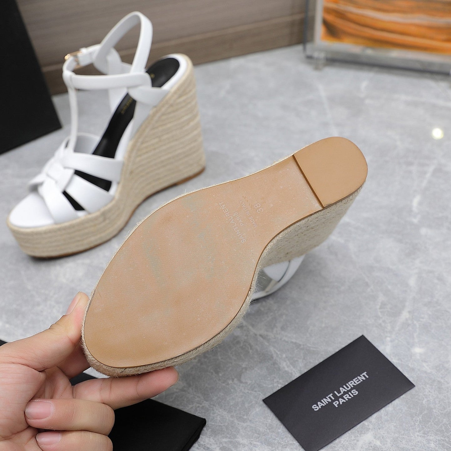 SL TRIBUTE WEDGE SANDALS WHITE CALFSKIN