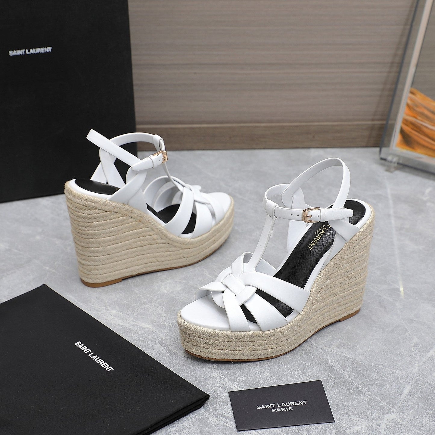 SL TRIBUTE WEDGE SANDALS WHITE CALFSKIN