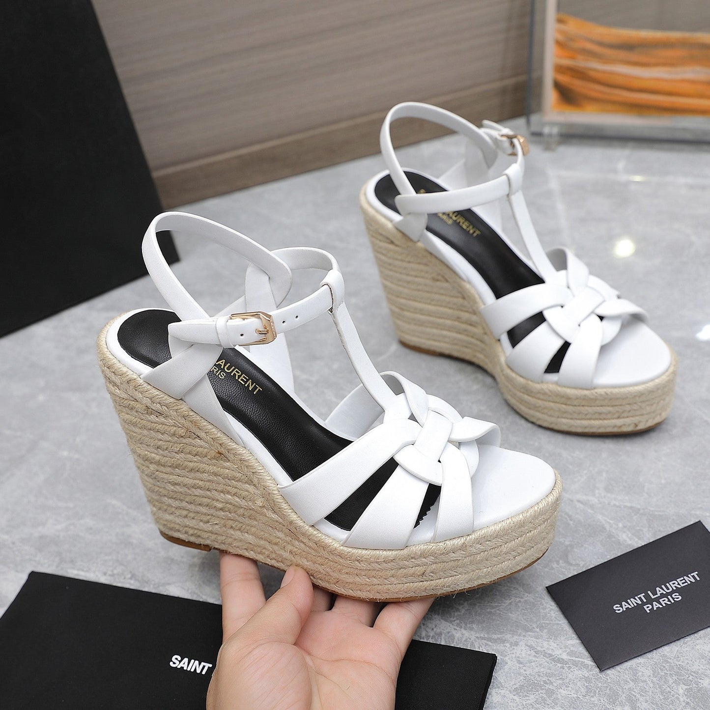 SL TRIBUTE WEDGE SANDALS WHITE CALFSKIN