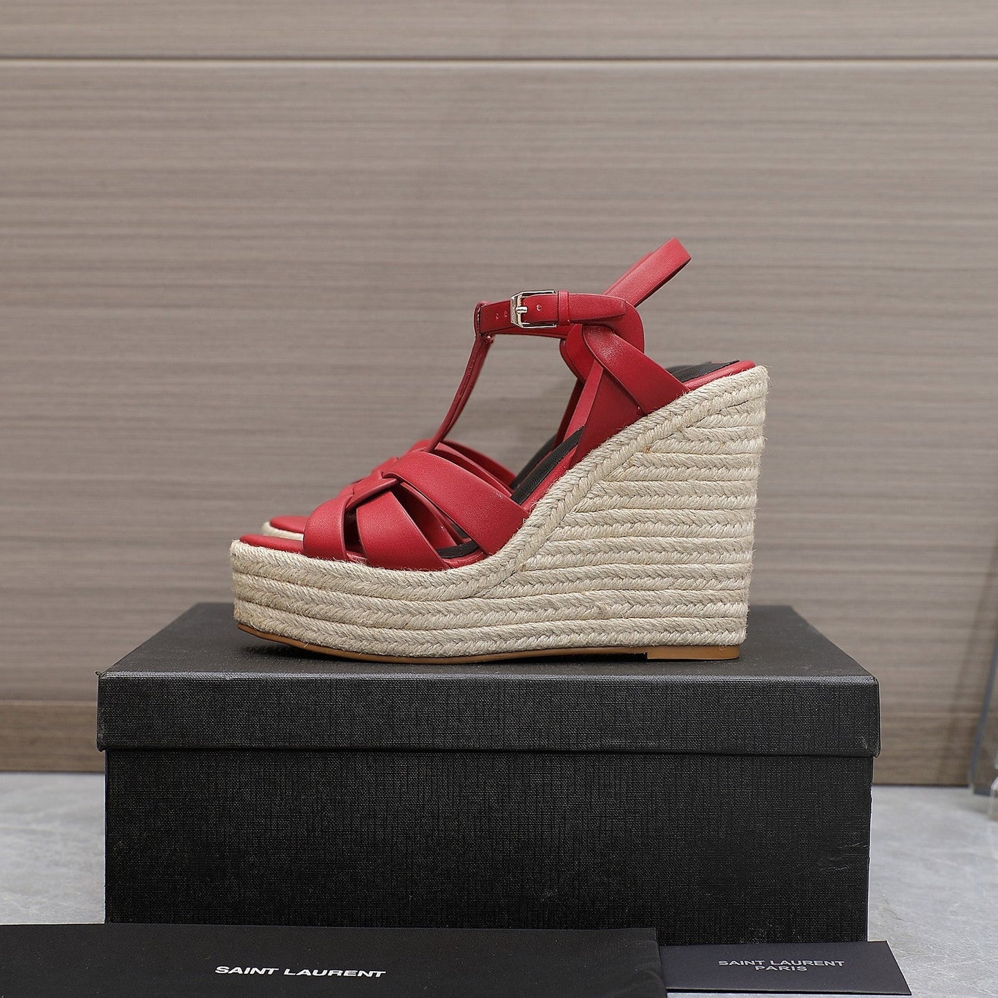 SL TRIBUTE WEDGE SANDALS RED CALFSKIN