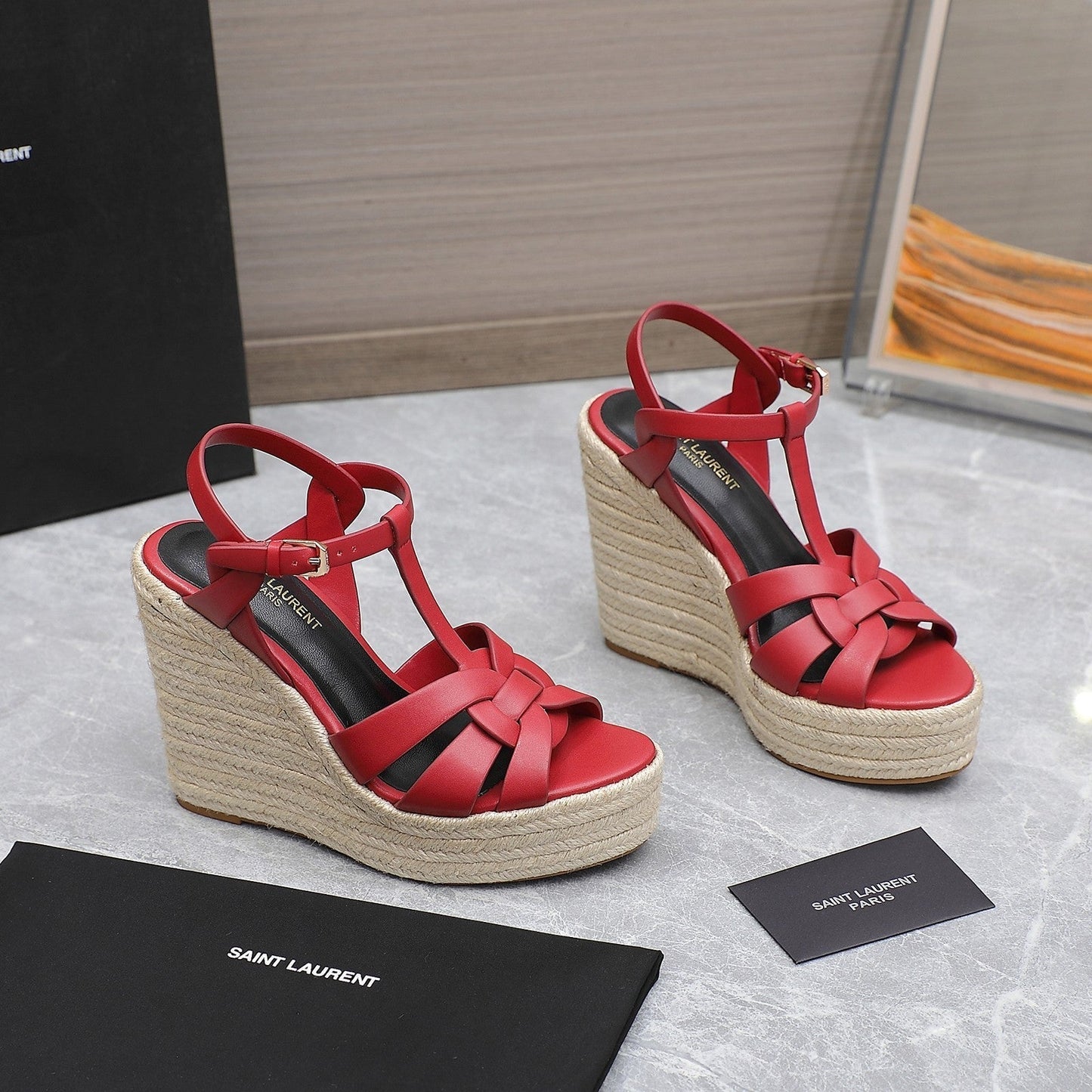 SL TRIBUTE WEDGE SANDALS RED CALFSKIN