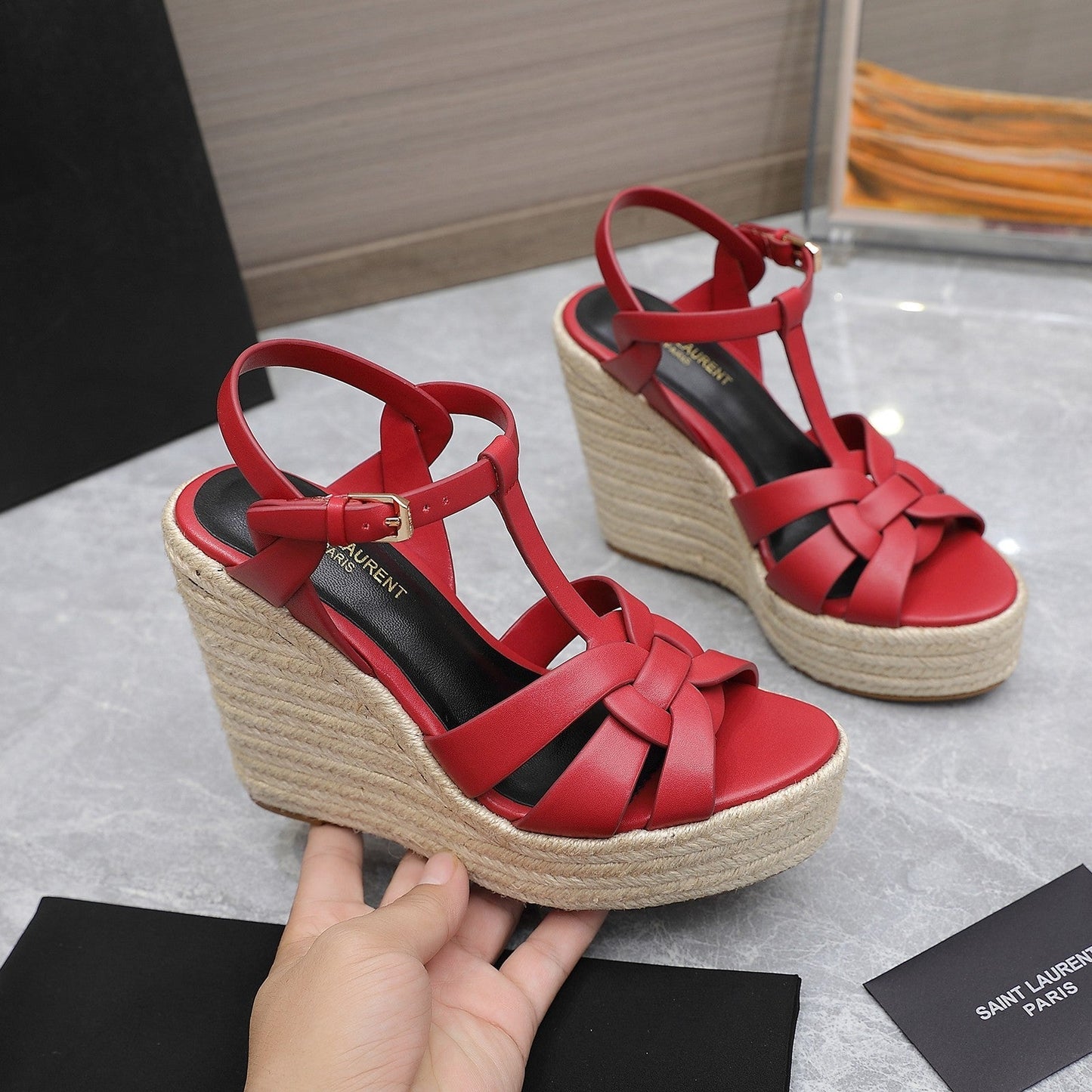 SL TRIBUTE WEDGE SANDALS RED CALFSKIN