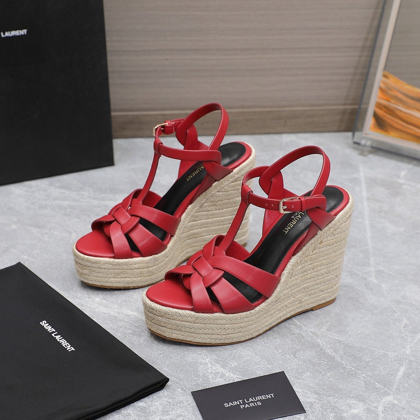 SL TRIBUTE WEDGE SANDALS RED CALFSKIN