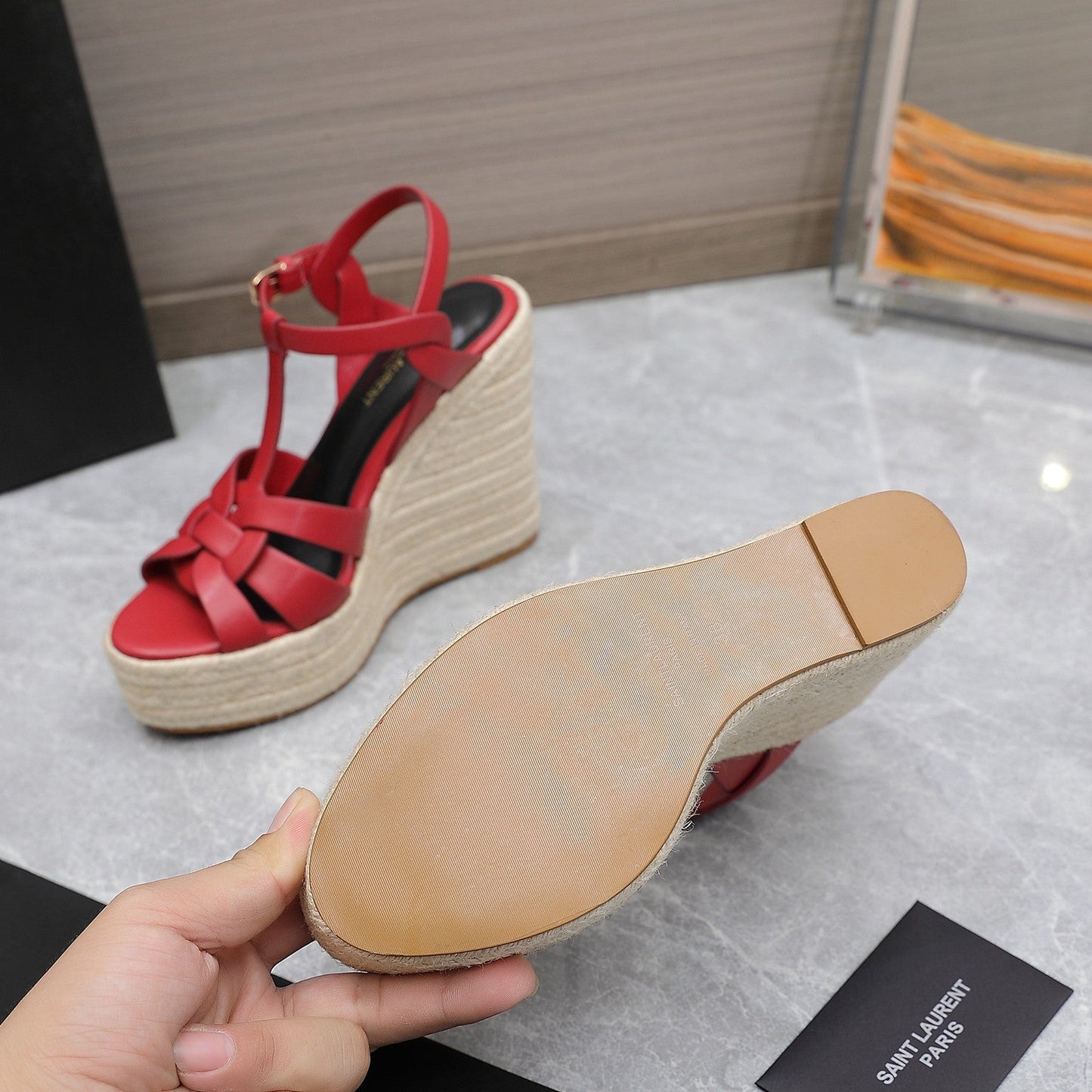 SL TRIBUTE WEDGE SANDALS RED CALFSKIN