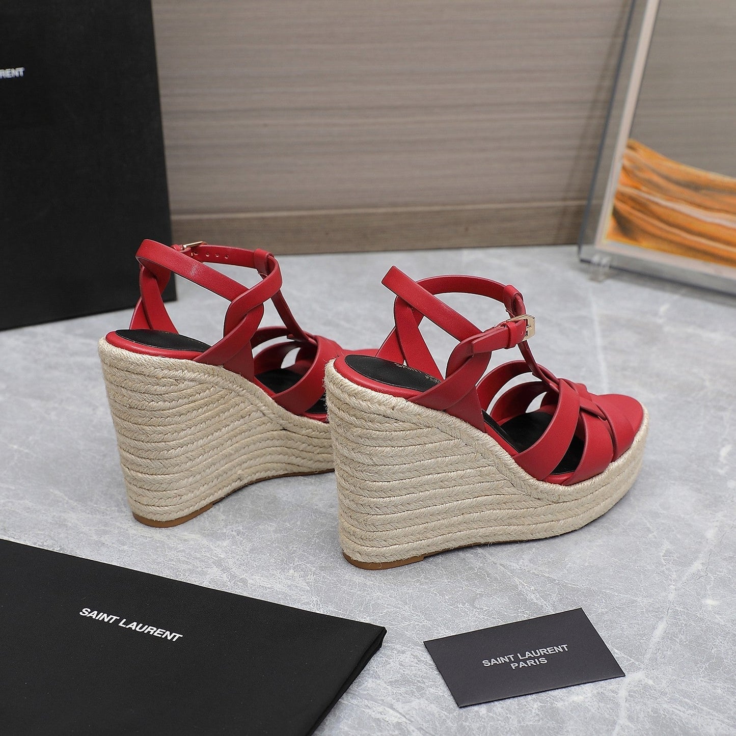 SL TRIBUTE WEDGE SANDALS RED CALFSKIN