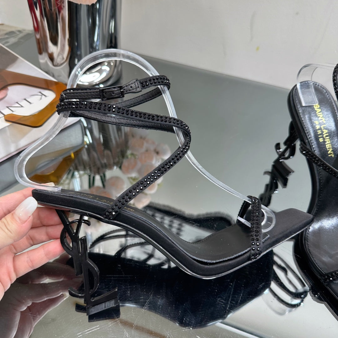 SL OPYUM CRYSTAL HEELED SANDALS BLACK SATIN