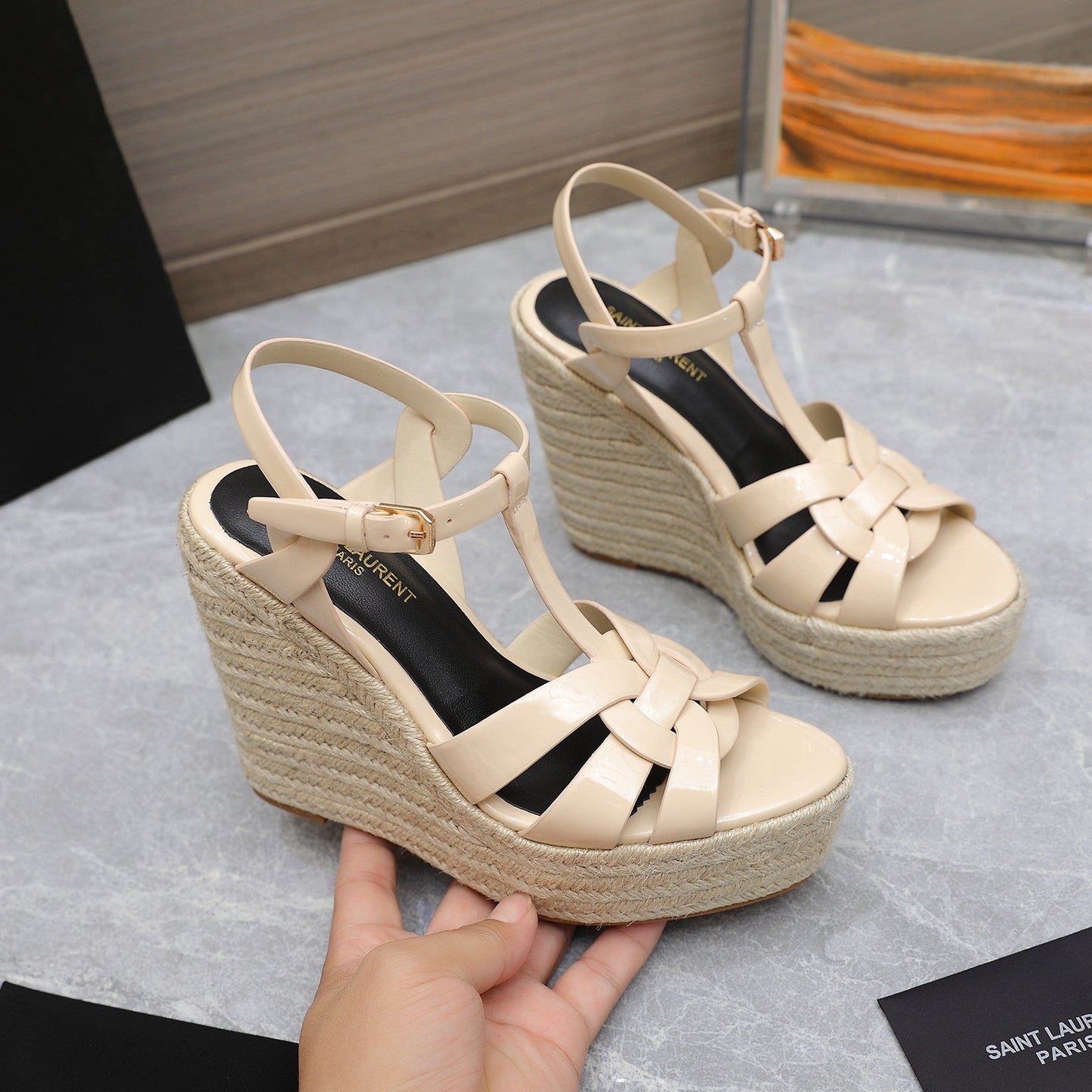 SL TRIBUTE WEDGE SANDALS BEIGE POLISHED CALFSKIN