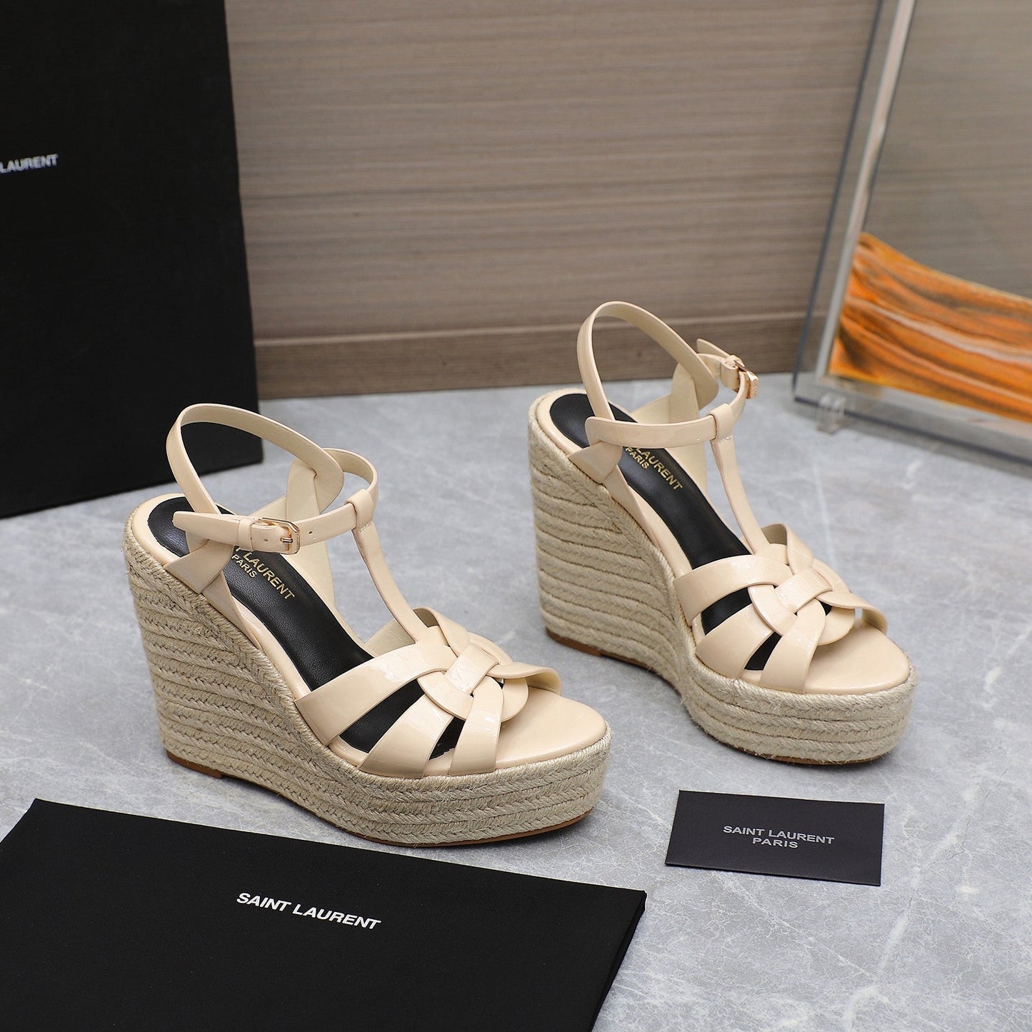 SL TRIBUTE WEDGE SANDALS BEIGE POLISHED CALFSKIN