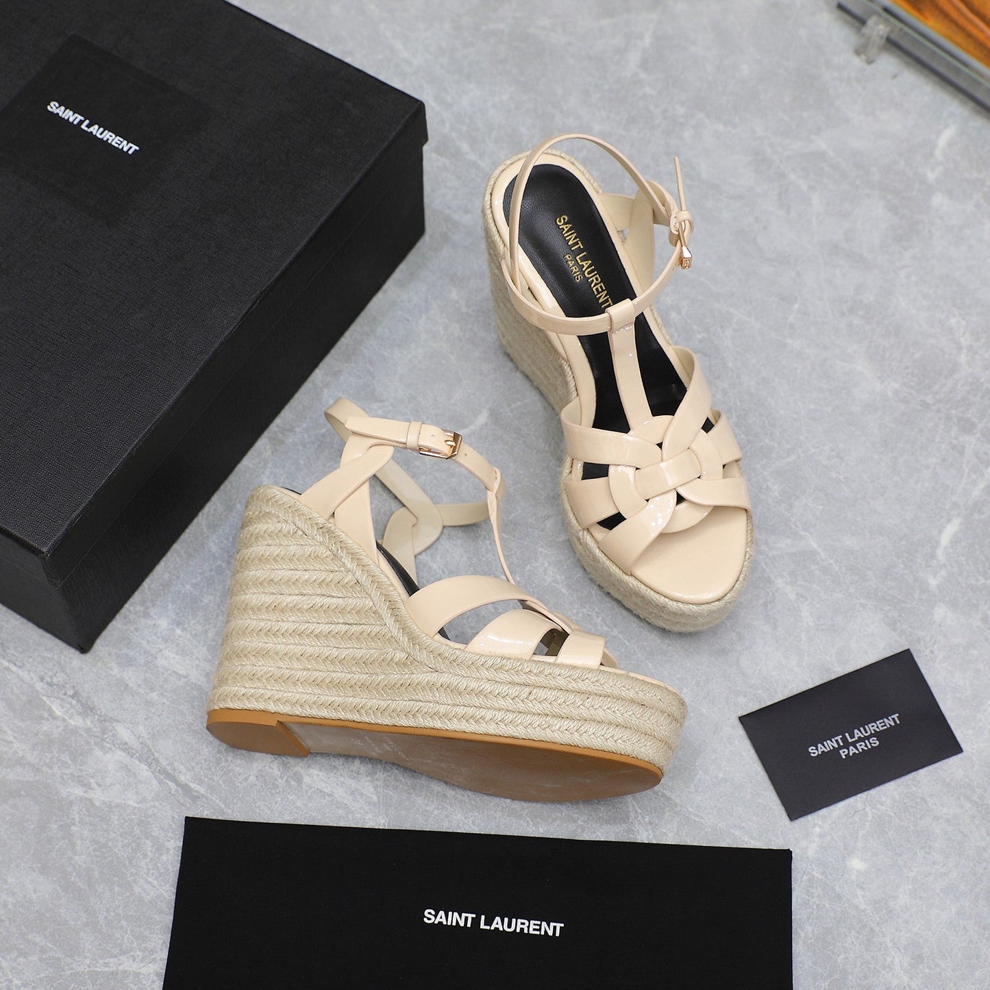 SL TRIBUTE WEDGE SANDALS BEIGE POLISHED CALFSKIN