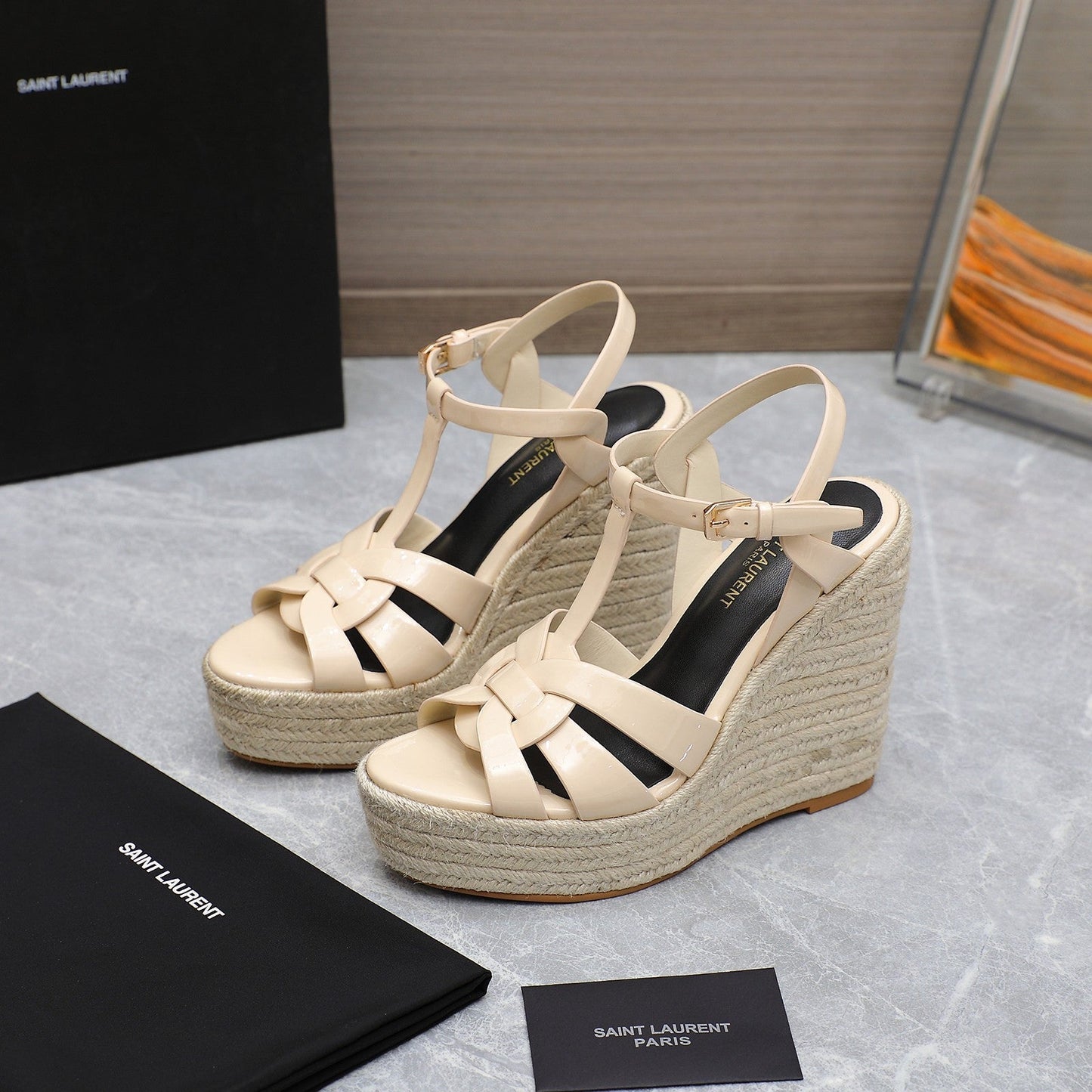 SL TRIBUTE WEDGE SANDALS BEIGE POLISHED CALFSKIN