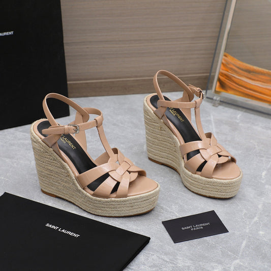 SL TRIBUTE WEDGE SANDALS PINK NUDE POLISHED CALFSKIN