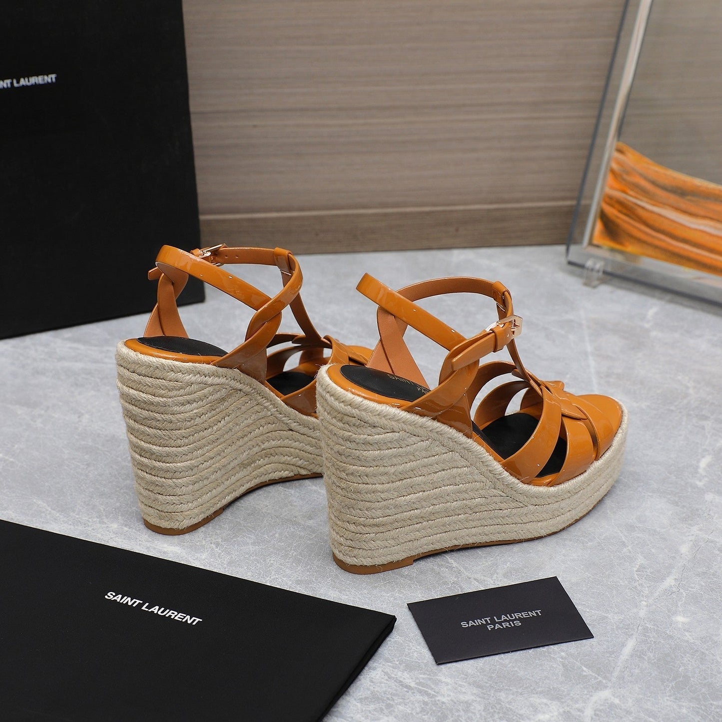 SL TRIBUTE WEDGE SANDALS TANGERINE POLISHED CALFSKIN