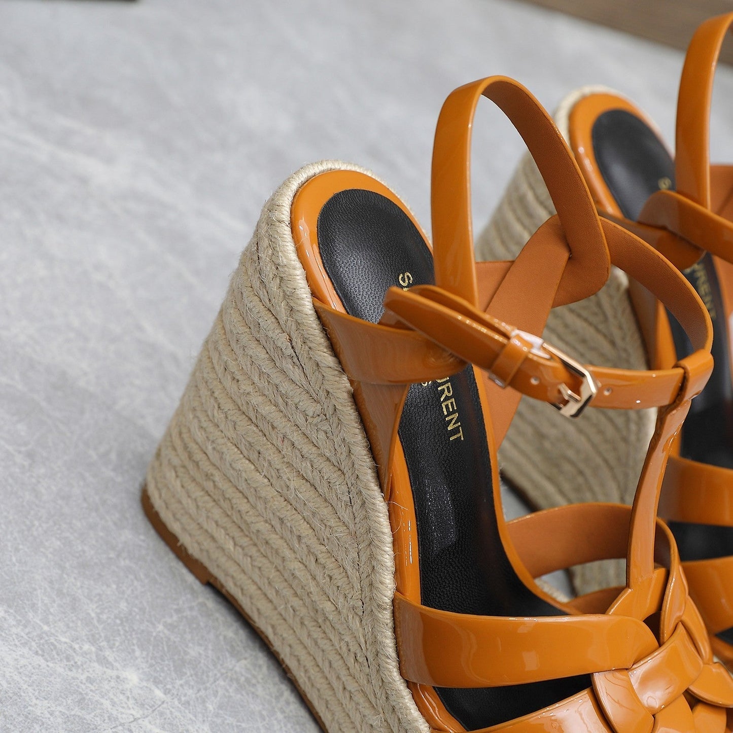 SL TRIBUTE WEDGE SANDALS TANGERINE POLISHED CALFSKIN