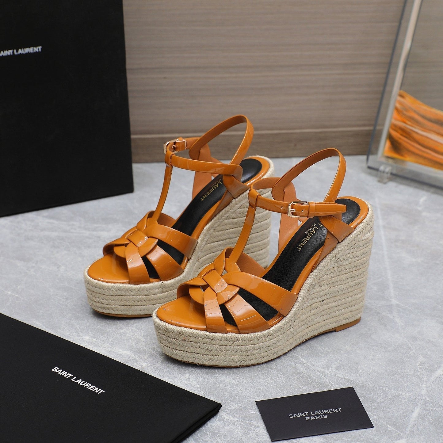 SL TRIBUTE WEDGE SANDALS TANGERINE POLISHED CALFSKIN