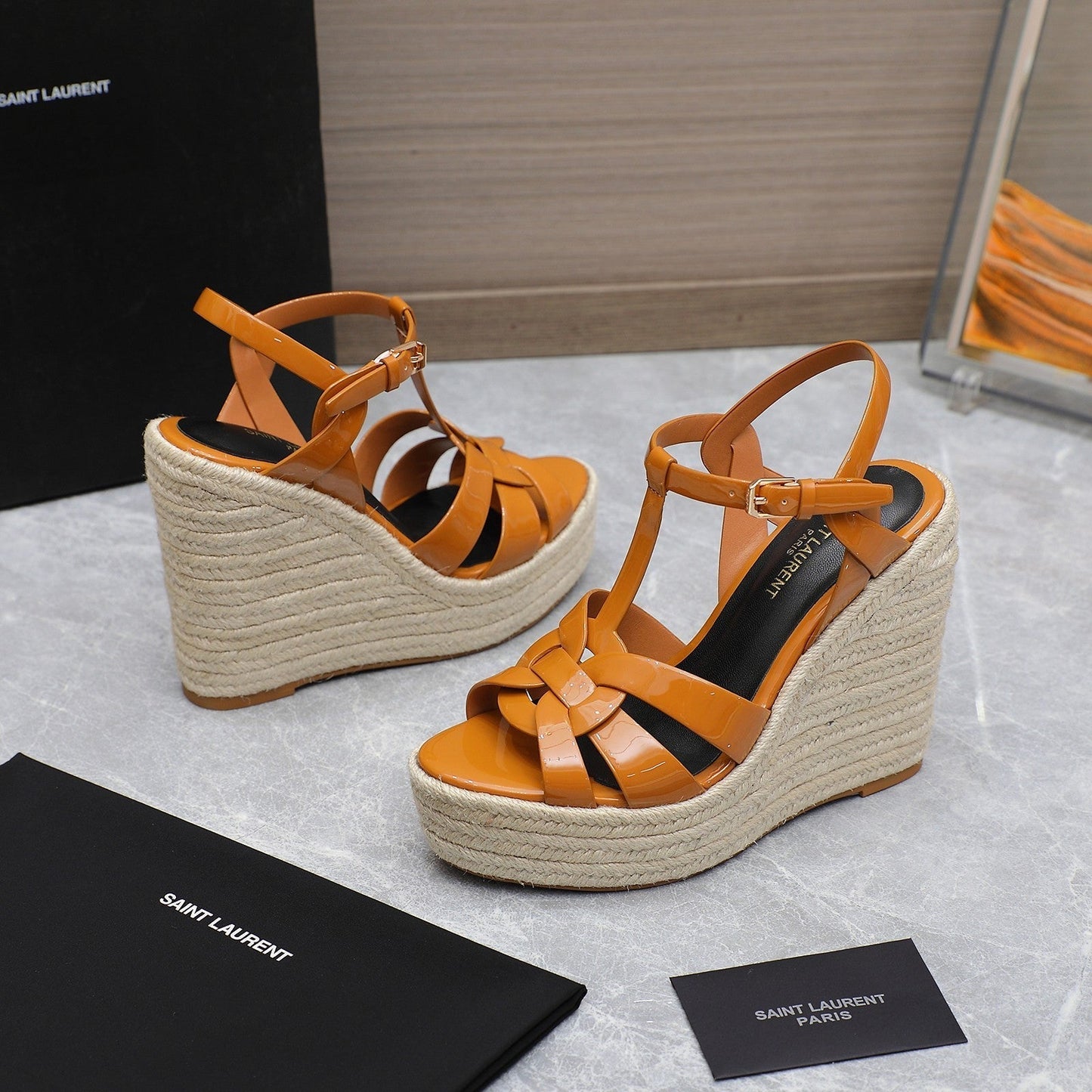 SL TRIBUTE WEDGE SANDALS TANGERINE POLISHED CALFSKIN