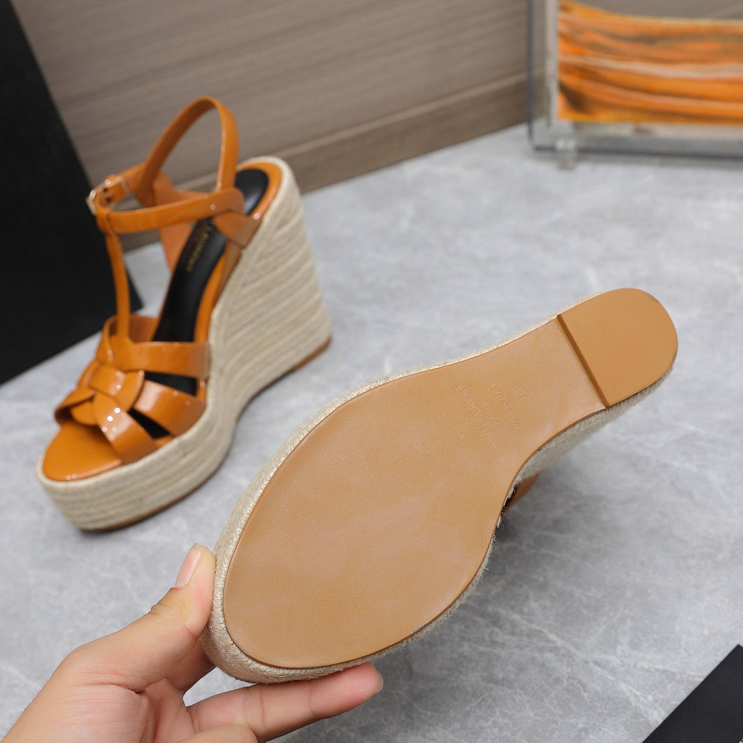 SL TRIBUTE WEDGE SANDALS TANGERINE POLISHED CALFSKIN