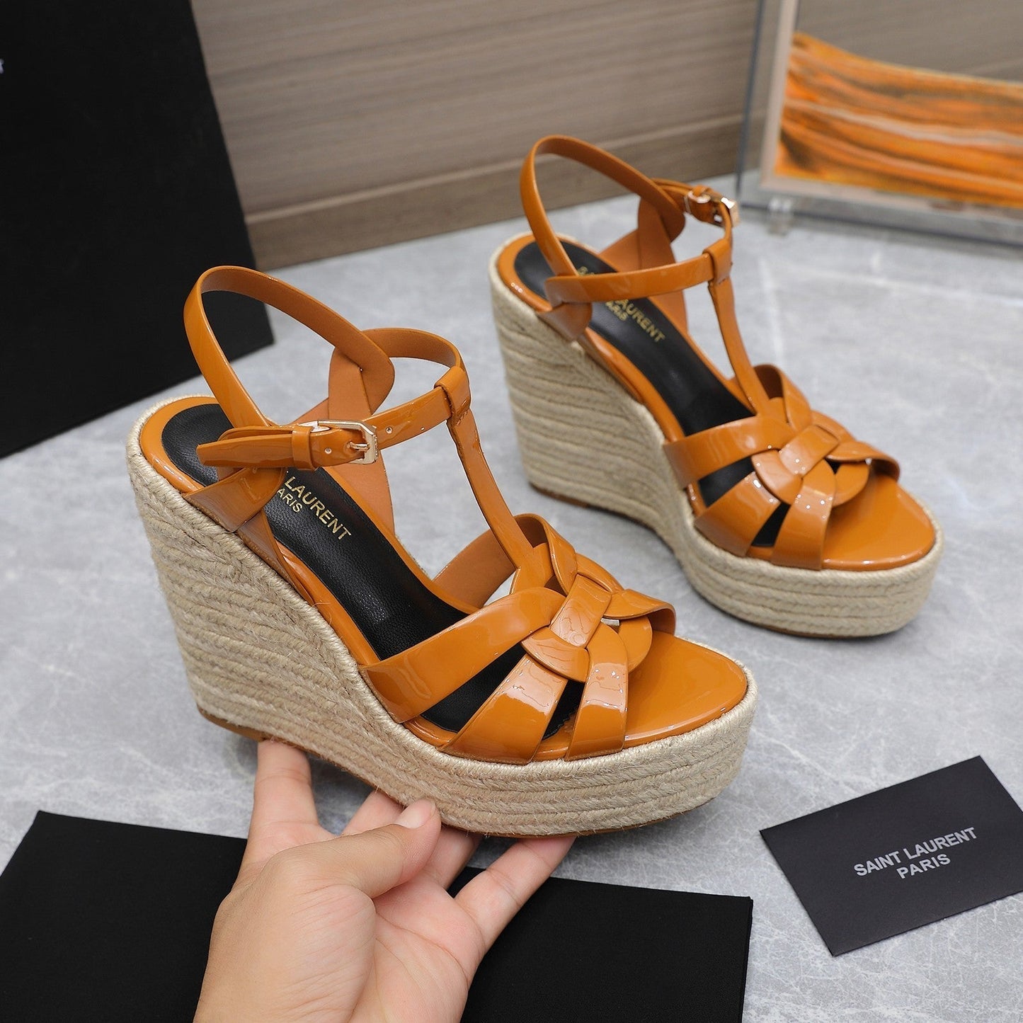 SL TRIBUTE WEDGE SANDALS TANGERINE POLISHED CALFSKIN