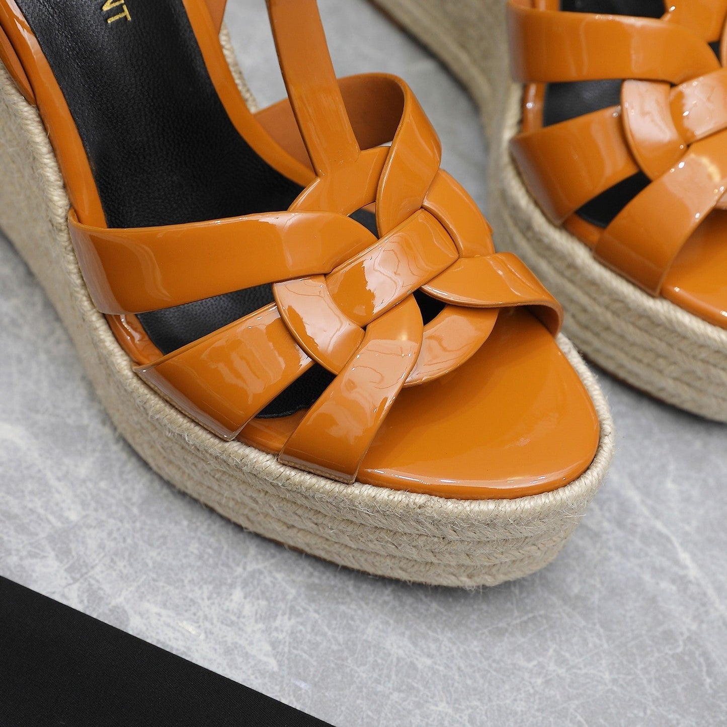 SL TRIBUTE WEDGE SANDALS TANGERINE POLISHED CALFSKIN