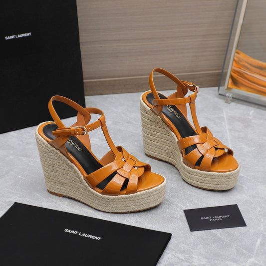 SL TRIBUTE WEDGE SANDALS TANGERINE POLISHED CALFSKIN