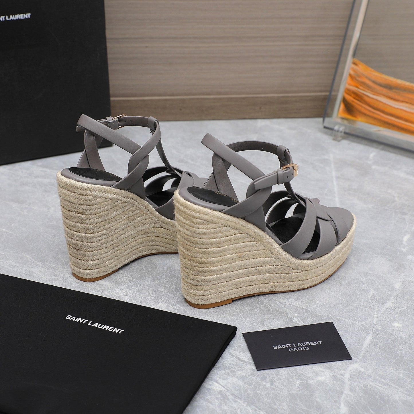 SL TRIBUTE WEDGE SANDALS FOSSIL CALFSKIN