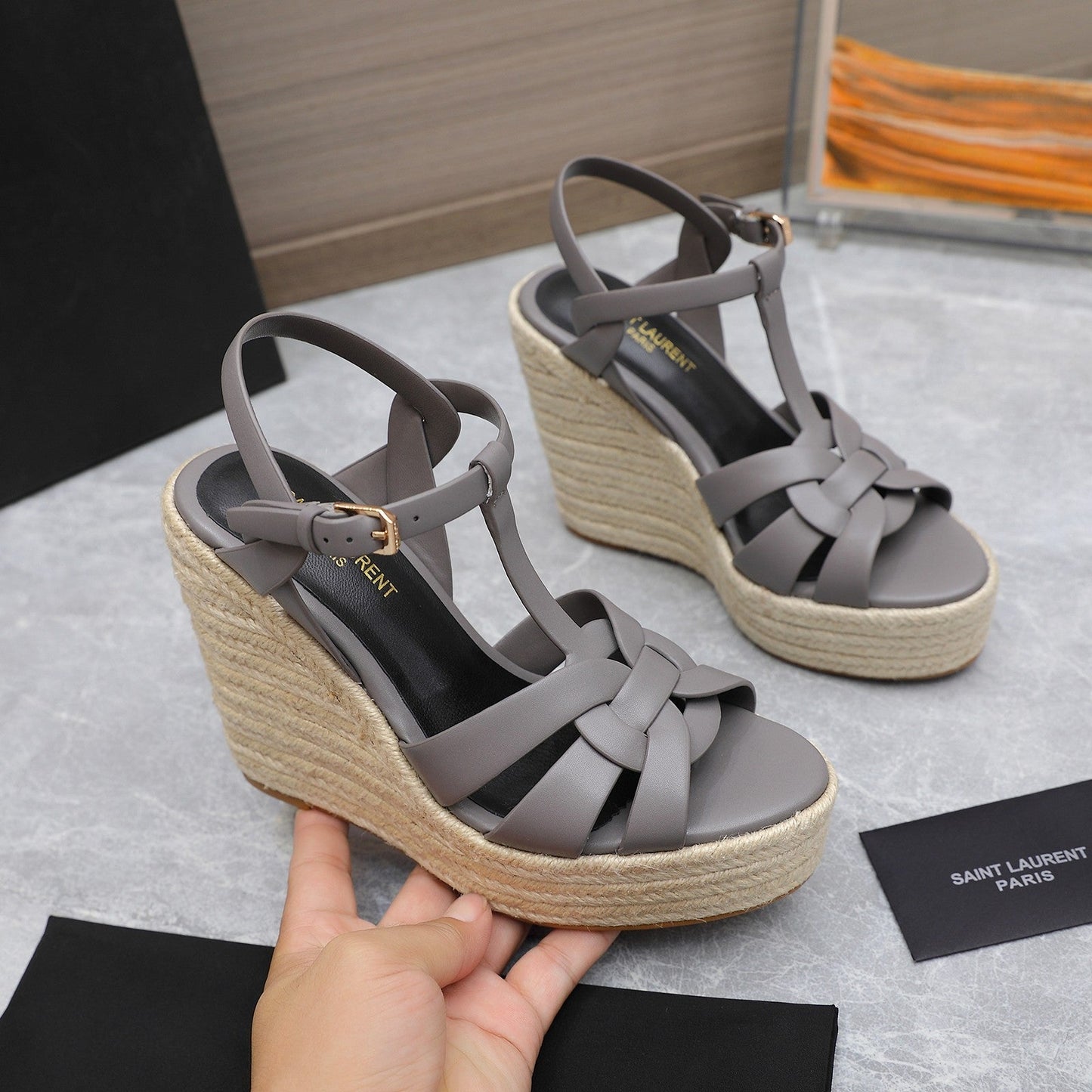 SL TRIBUTE WEDGE SANDALS FOSSIL CALFSKIN