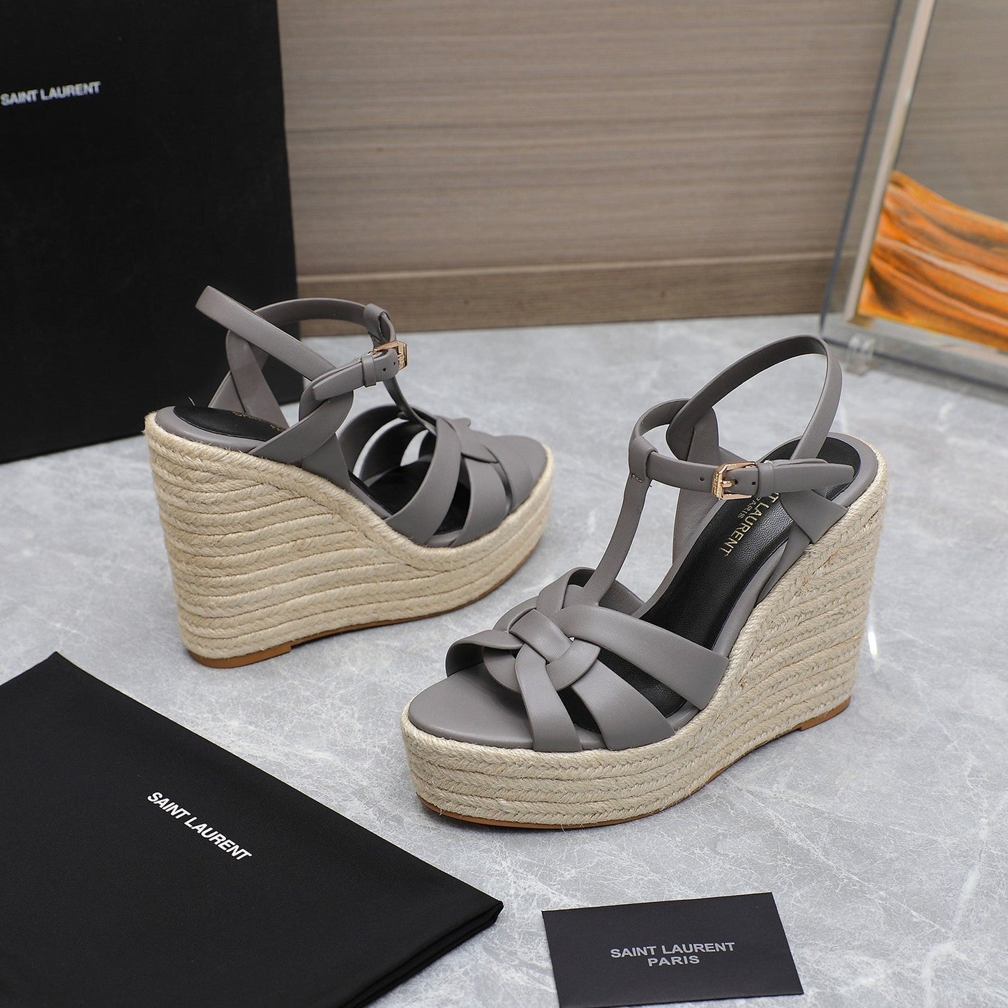 SL TRIBUTE WEDGE SANDALS FOSSIL CALFSKIN