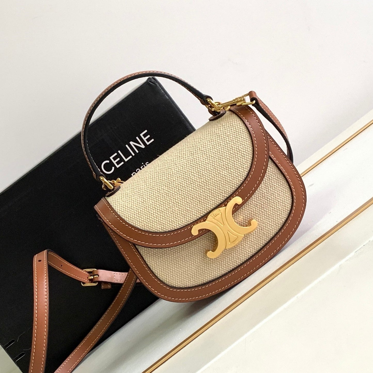 TEEN CHAIN BESACE TRIOMPHE 15.5CM TEXTILE AND CALFSKIN TAN