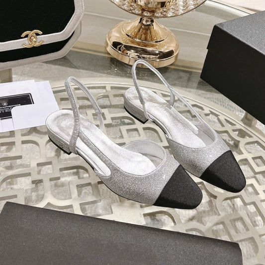 slingback 2.5 glitter silver black grosgrain