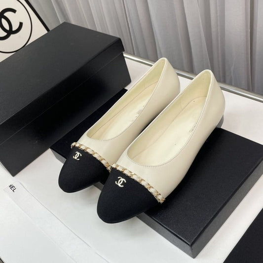 ballet flat cream lambskin black leather chain grosgrain