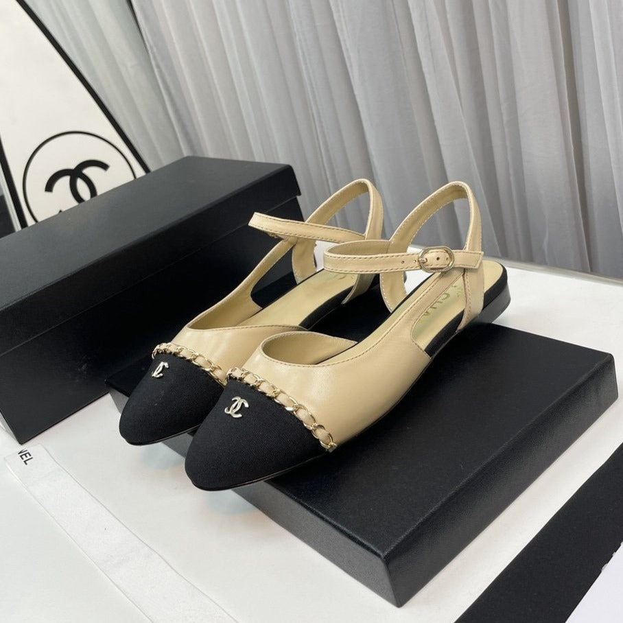 slingback beige lambskin black leather chain grosgrain