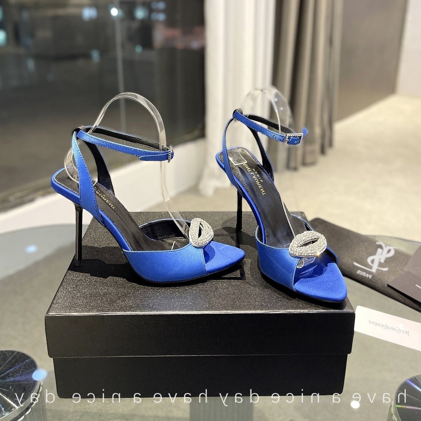 SL AYERS CRYSTAL SANDAL COBALT SATIN